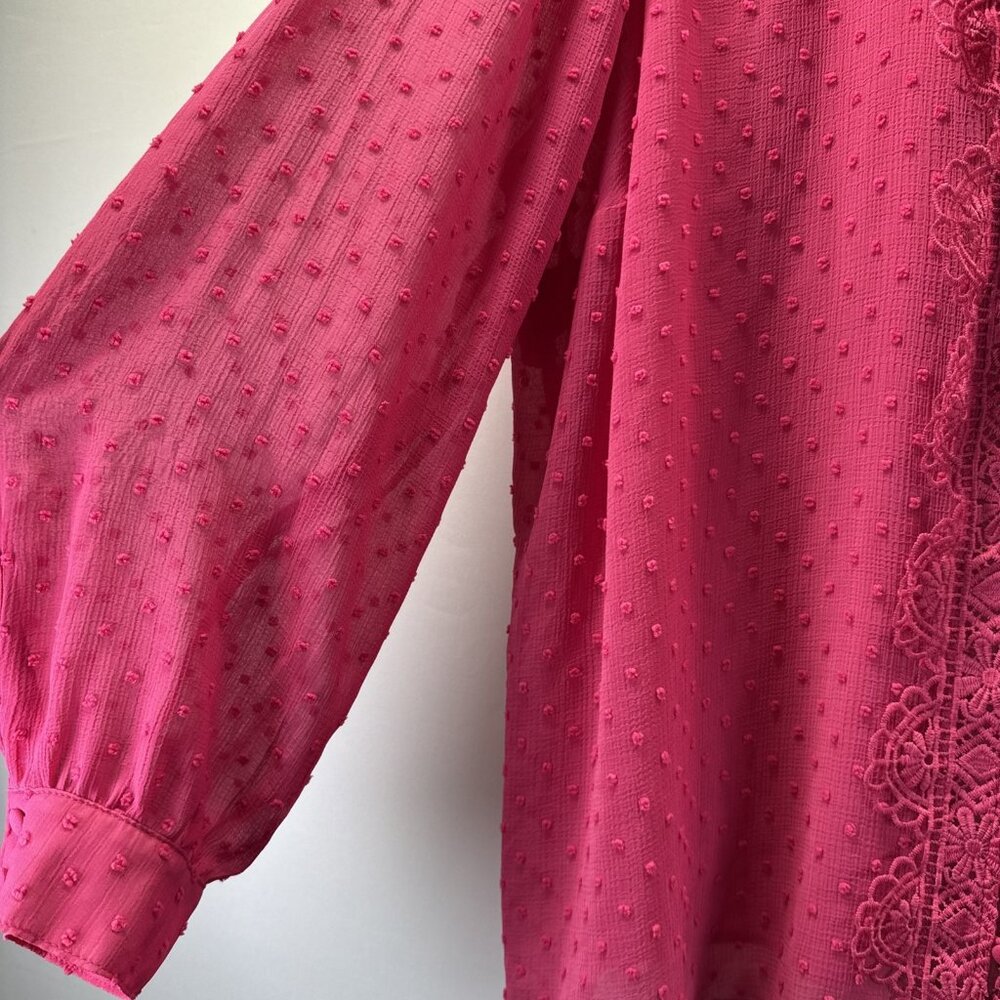 Torrid Women's Swiss Dot Top 2X Solid Pink Semi Sheer Long Sleeve Button Up Tie - Picture 5 of 10